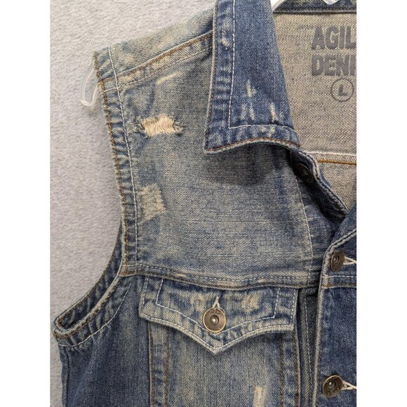 Agile Denim Vest Mens Large Distressed Trucker Button Front Sleeveless Pockets - Picture 2 of 14
